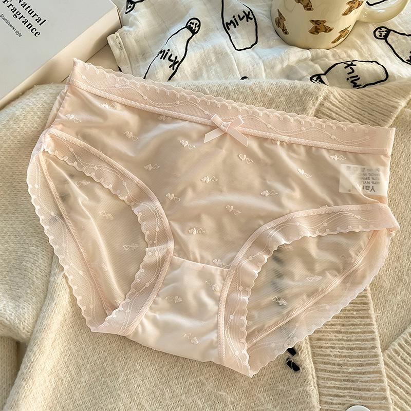 Women Mid Waist Ice Silk Lace Solid Color Antibacterial Crotch Comfortable Ladies Panties