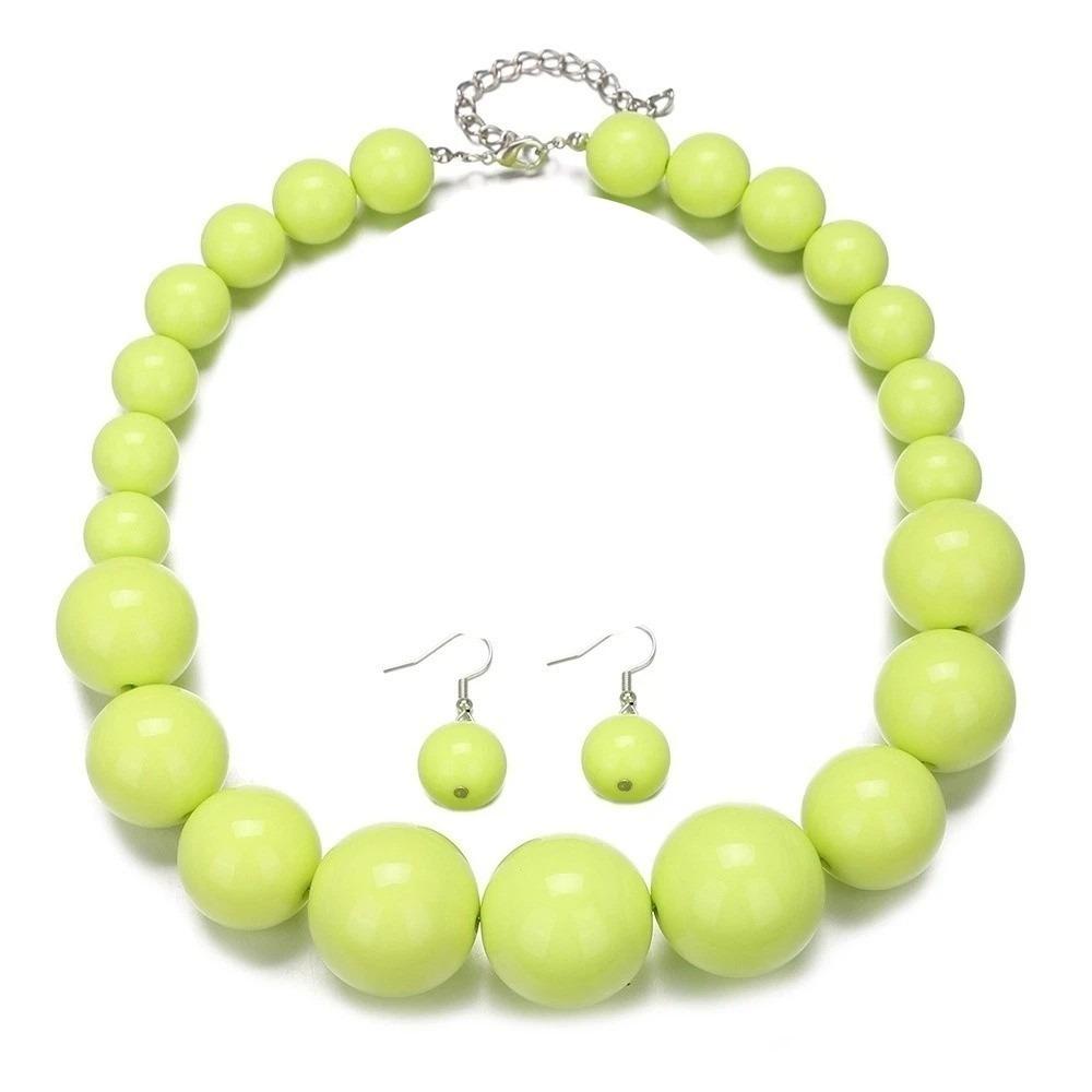 3 pcs/set Exaggerated Necklace Earrings Set Gradient Size Chunky Beads Necklace Jewelry Set  Gifting зелёный