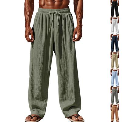 Men Multi Color Drawstring Elastic Waist Linen Blend Wide Leg Casual Pants