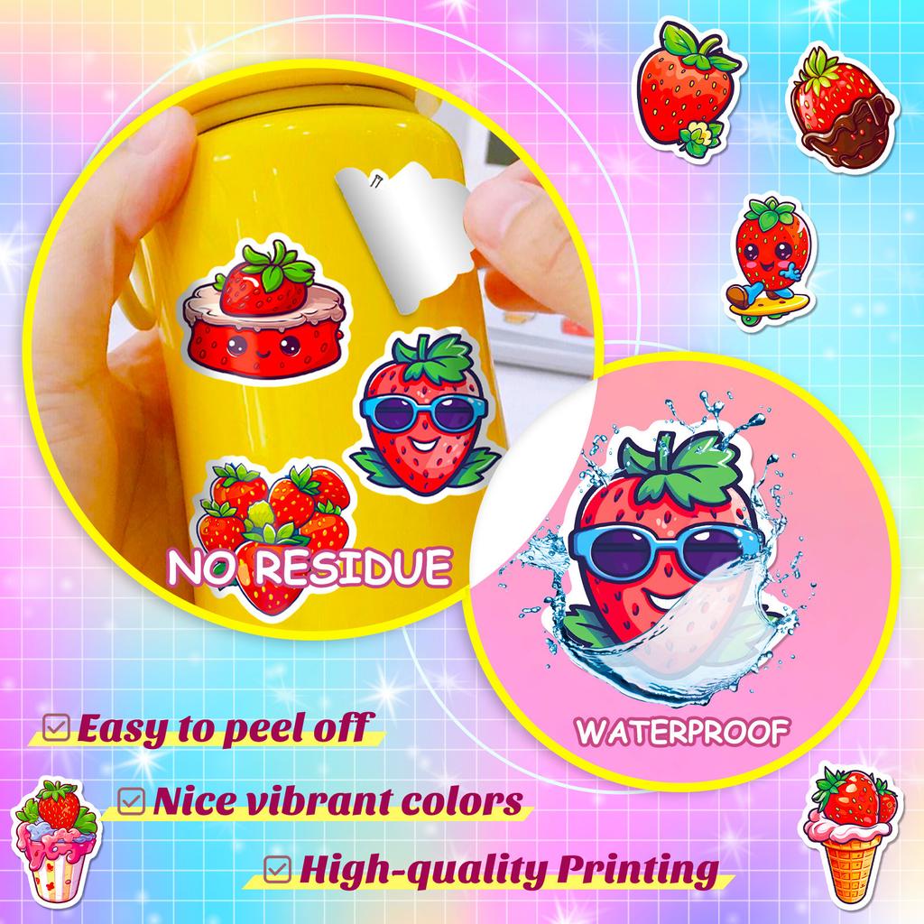 50 Red Heart Strawberry Stickers Girl Heart Cute Strawberry Dessert Personality Cartoon Fruit Stickers