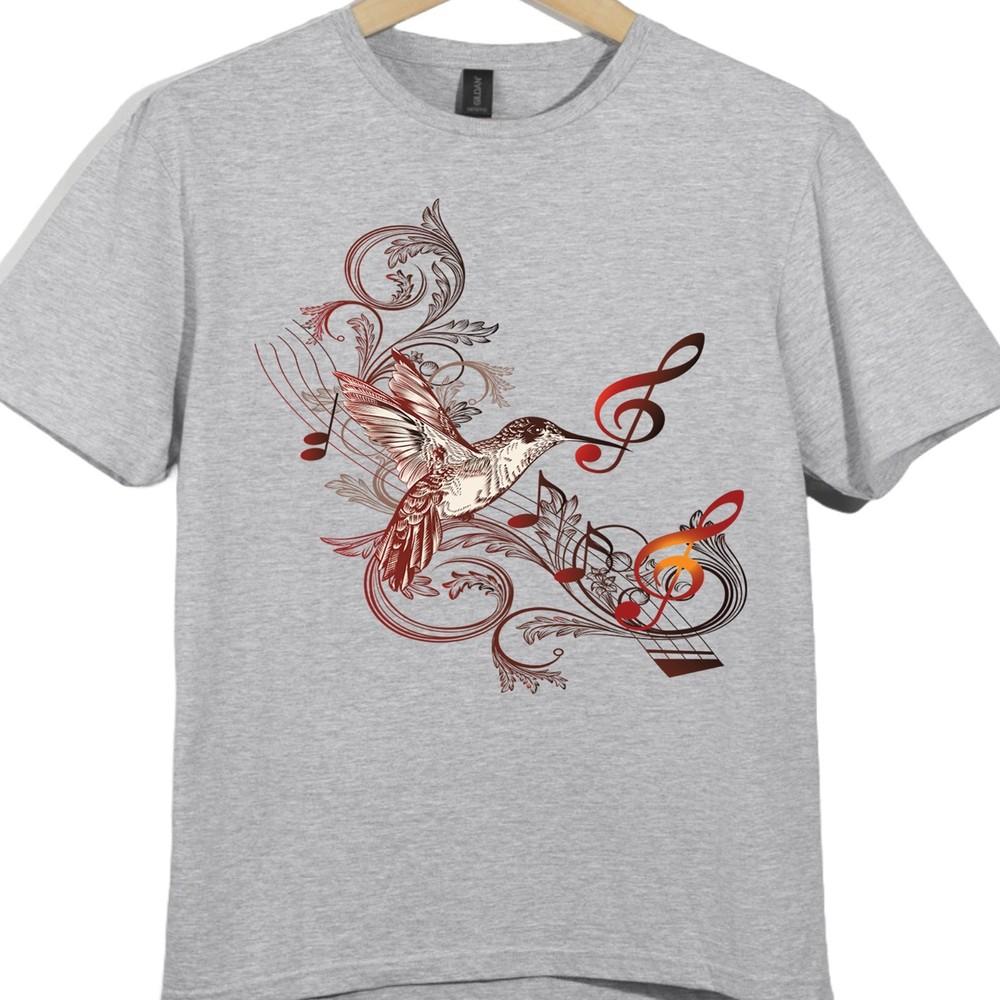 Hummingbird Graphic T Shirt Bird Art Tee Nature Design with Music Notes