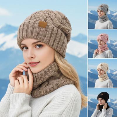 Ensemble Chapeau et Écharpe pour Femme 2 Pièces/Ensemble Couleur Unie Texture Torsadée Chaud Thermique Tricot Chapeau Écharpe Tour de Cou Ensemble Hiver Accessoires Extérieurs