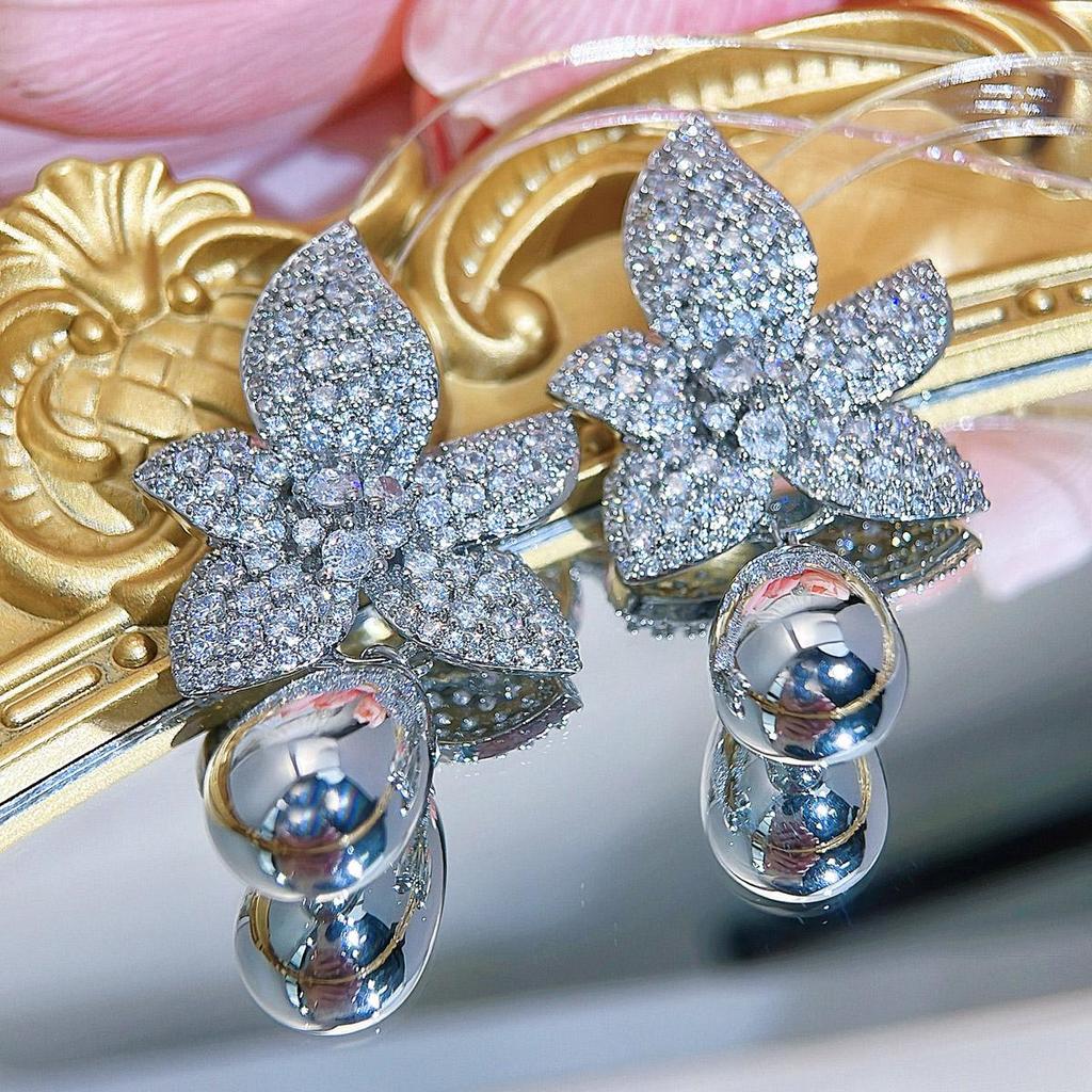 CMM Elegant Bride Gray Artificial Pearl Flower Pendant Earrings Women Party Wedding Dress Accessories Jewelry Gift