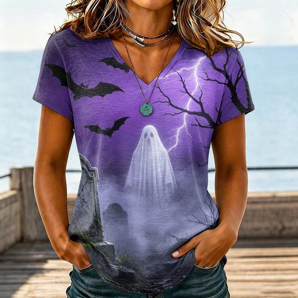 Women's Casual V-Neck Halloween Printed T-Shirt for Holiday Party and Everyday Wear