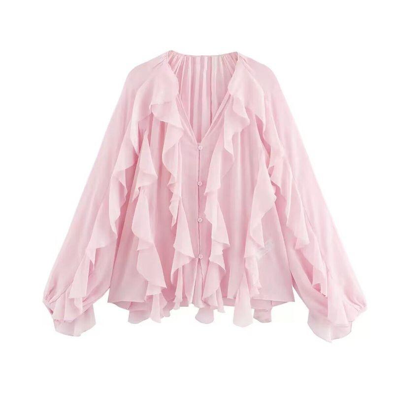

Foreign Trade Wholesale 2026 Summer European and American Style Fashionable V-Neck Layered Ruffle Pleated Shirt for Women Women Top Pink S