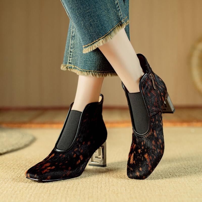 Fashion NEW Autumn/Winter Women Boots Square Toe Strange Heel Shoes Horsehair Shoes for Women Zipper Ankle Boots Leopard Modern Boots