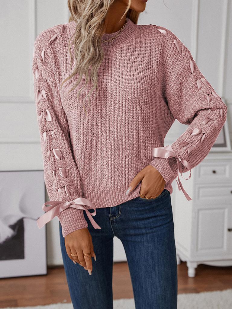 Women's Fashion Casual Pullover Loose Bowknot Solid Color Knitted Long Sleeve Sweater