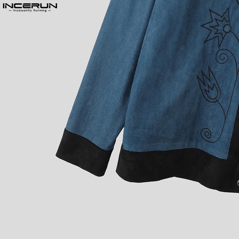 INCERUN Men Long Sleeve Embroidery Stitching Buttons Suede Casual Thin Coat Jackets