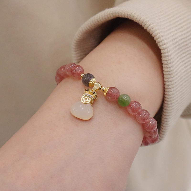 New Chinese Natural Strawberry Crystal Money Bag Bracelet Bangles Women Fashion Jewelry Accessories Gift