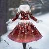 Women's Casual Dress Long-Sleeve V-Neck Patchwork Fleece Christmas Print Dress
