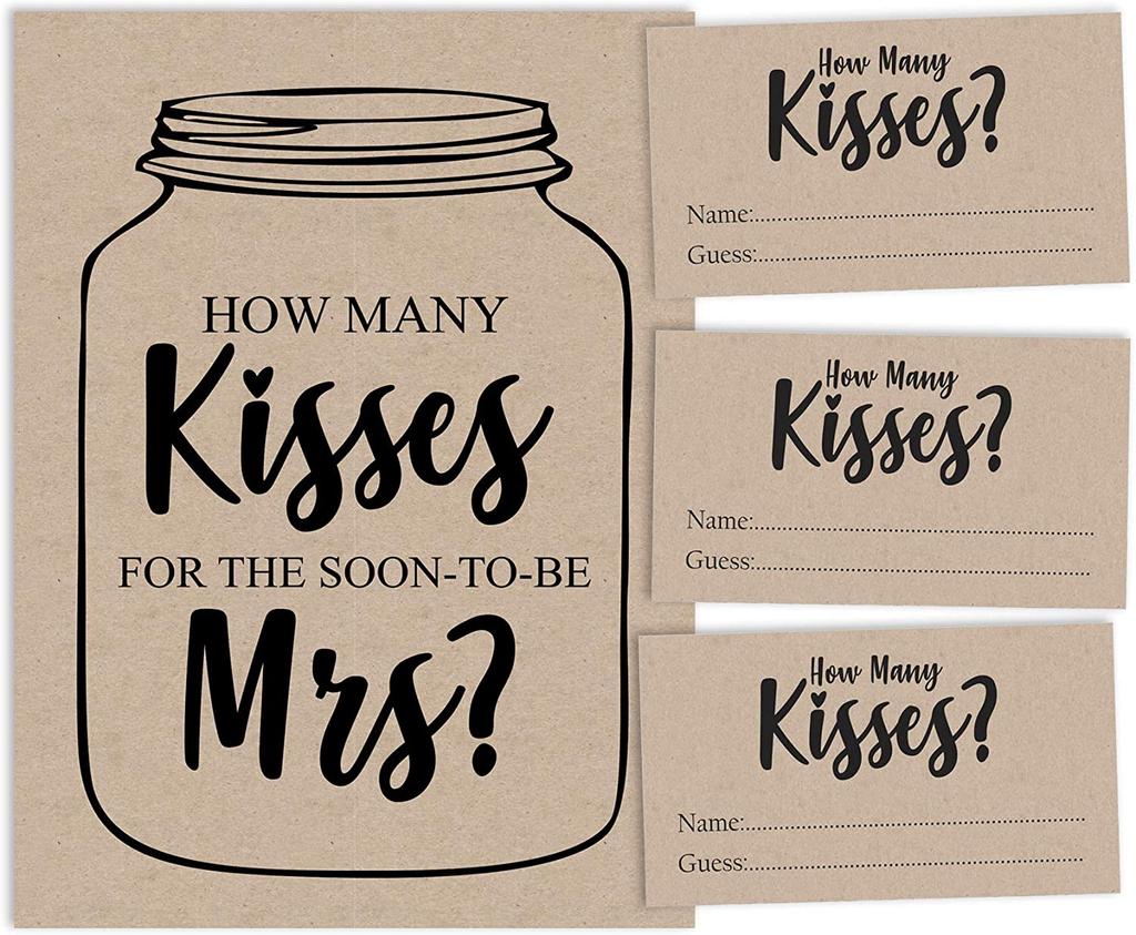 Inkdotpot How Many Kisses for The Soon to Be Mrs Beige Rustic Kraft Mason Jar Bridal Shower Game 1 Sign + 30 Cards