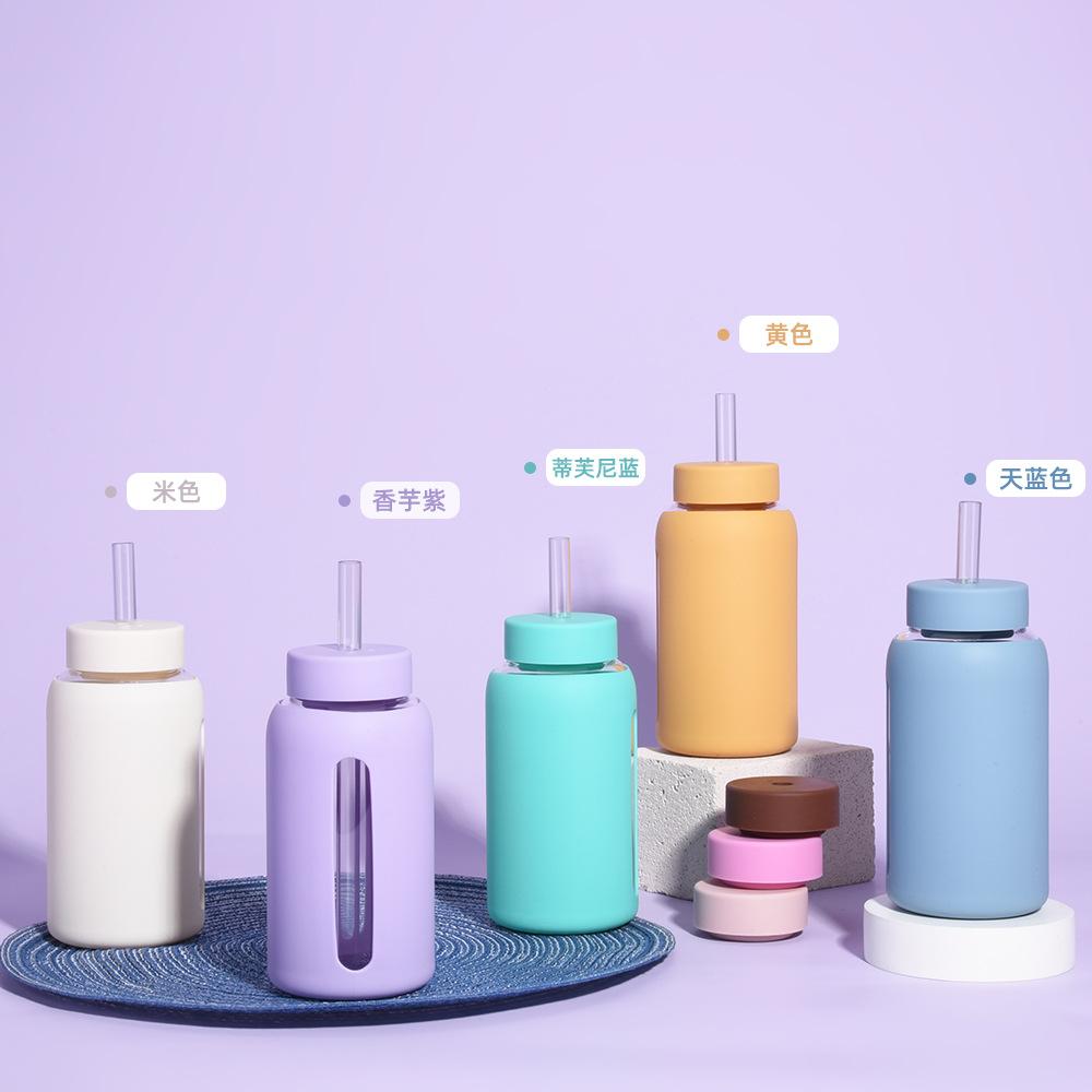 600Ml Silicone Sleeve Borosilicate Glass Water Cup With Straw Can Suck Pearls Portable Outdoor Cup