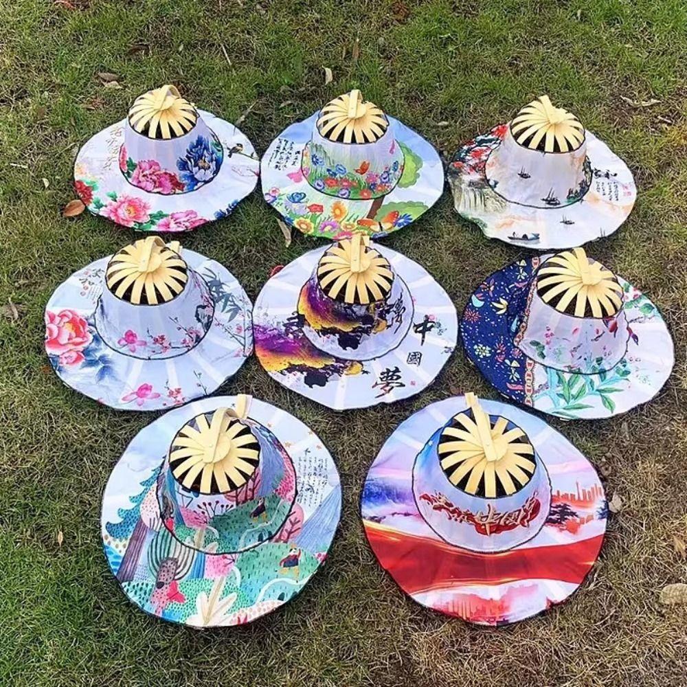 Foldable Fan Sun Hats Wide Brim Bamboo Sunscreen Cap Portable Folding Fan Hat  for Travel