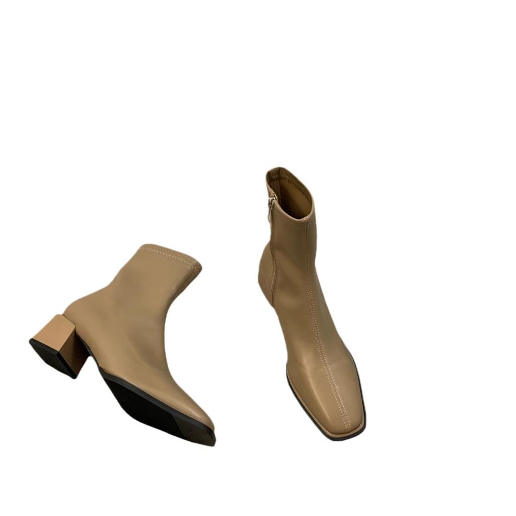 White High Heel Square Head Skinny French Small Leather Boots Women's Shoes 2024 New Spring and Autumn Single Boots Brown Martin Boots