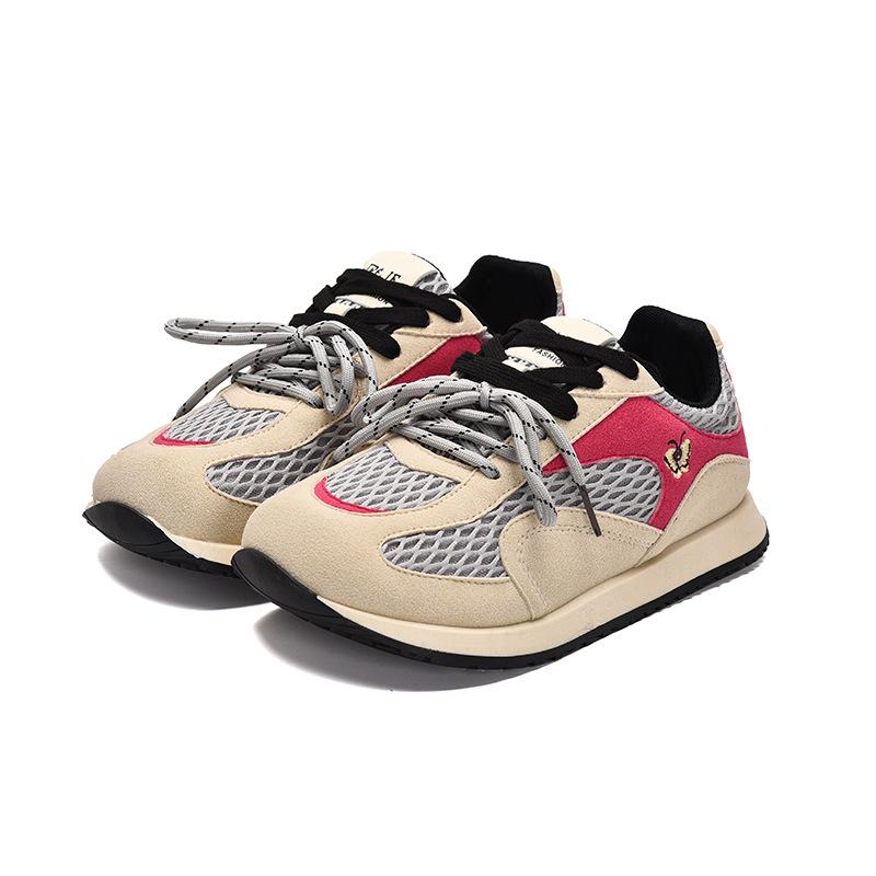 Double Pair of Shoelaces~ Leather Breathable Inner Height Increase German Training Shoes Women's 2025 Spring and Summer Flat Mesh Letters Ugly Cute Ca