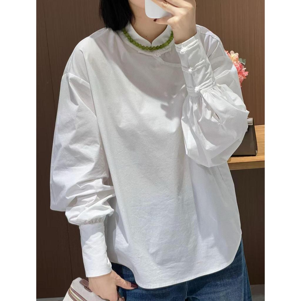 Rong Tai Women's 2026 White Puff Sleeve Stand Collar Shirt in Lightweight Chinese Style