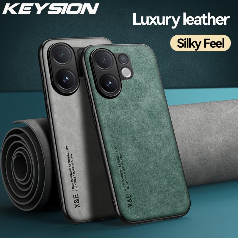 KEYSION Luxury Retro PU Leather Phone Case for VIVO V60 Soft Silicone+PC Shockproof Phone Back Cover for VIVO V60 5G