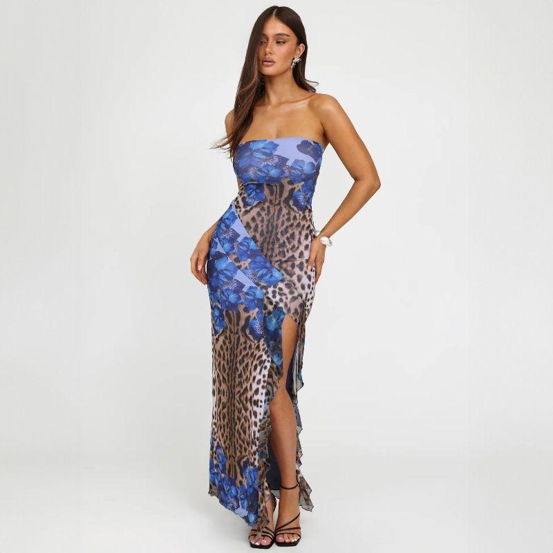 2024 European and American Retro Style Print Tight Strapless Dress Sexy Lace Split Mid-Length over-the-Knee Dress