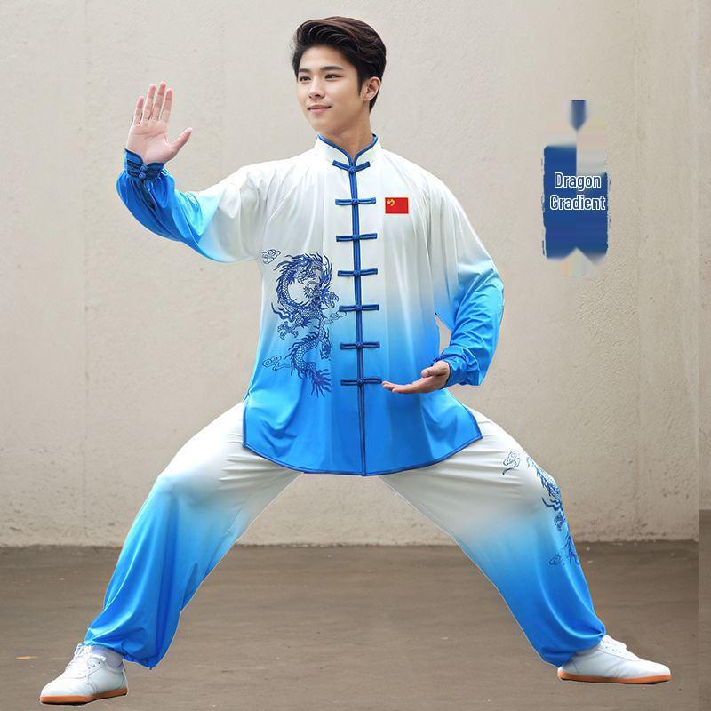 Blue & White Porcelain Gradient Tai Chi Suit: Embroidered Performance & Practice Attire for Women & Men.
