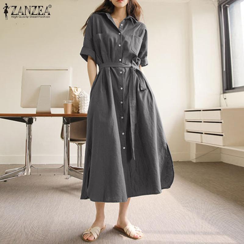

ZANZEA Женщины Лето Свободный Повседневный Половина Рукав Лацкан Воротник Длинная рубашка Платье