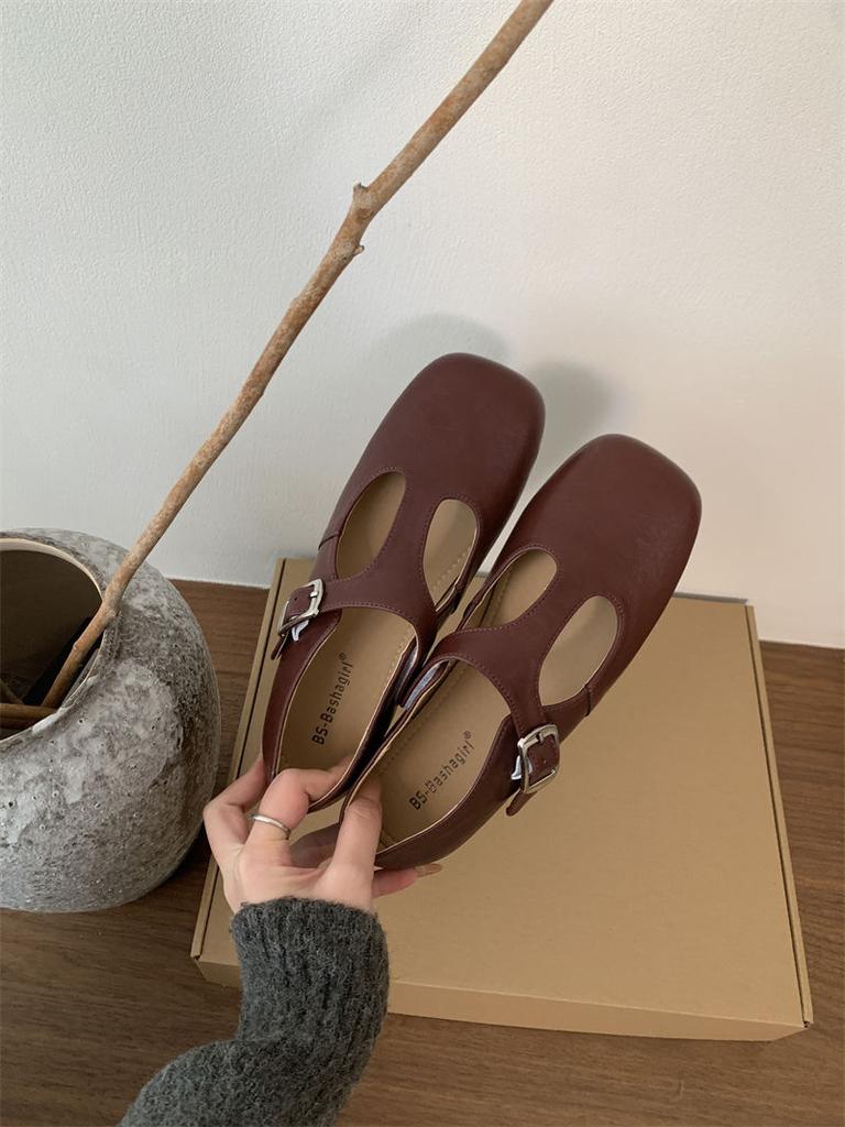 Fashion IPPEUM Women Ballet Flats Shoes Square Toe Buckle Black PU Leather Vintage Ballerina Shoes