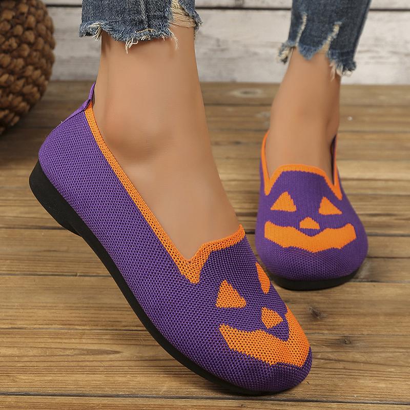 Fashion Pumpkin Printed Breathable Woman Flats Shoes Comfort Knit Slip On Walking Shoes for Women Lightweight Soft Sole Casual Loafers