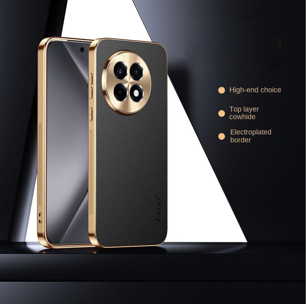 First Layer of Cowhide Lychee Texture Electroplated Frame Case For OnePlus 13R 13 12R One Plus Ace 5 Pro 3 2 Lens Protect Cover