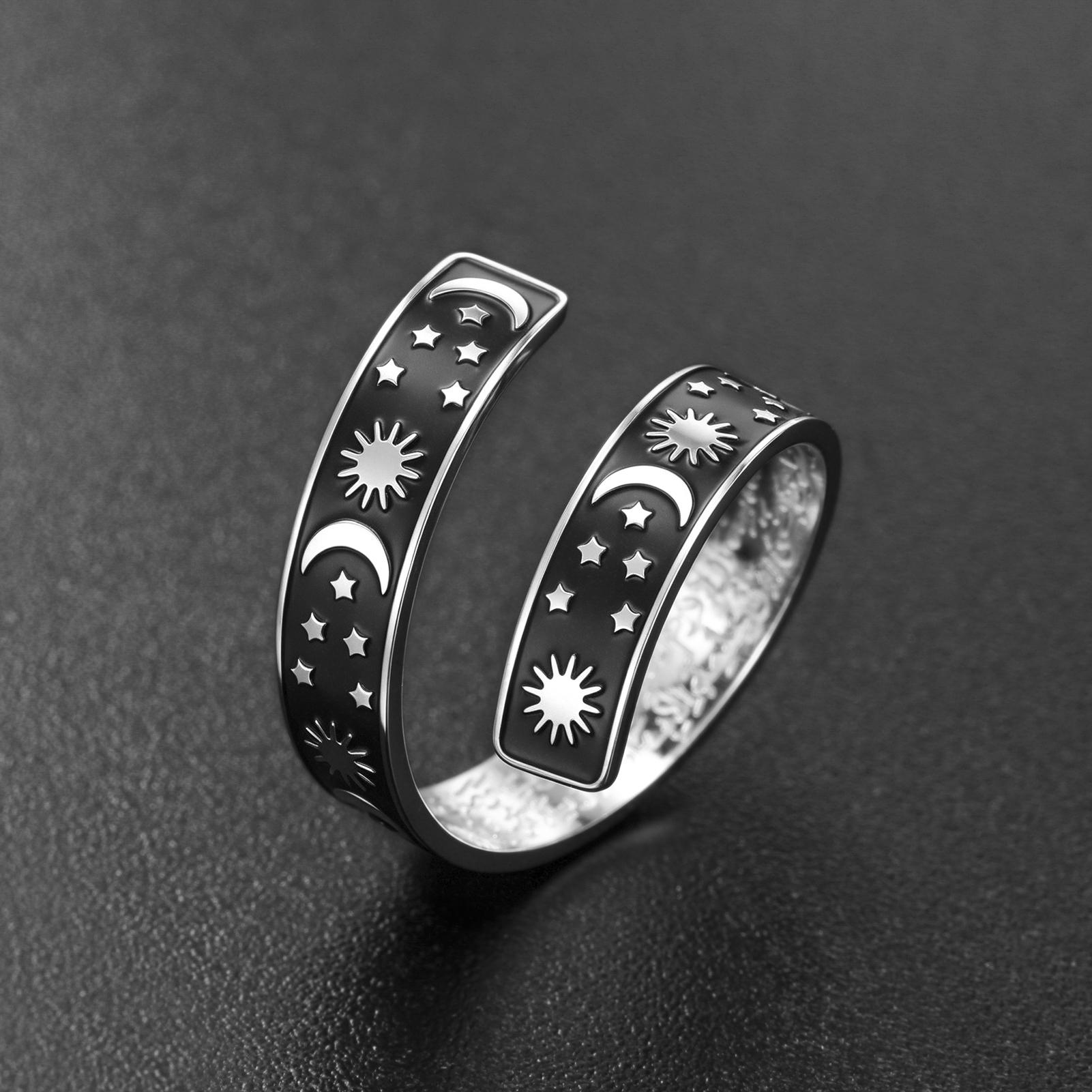 Likgreat Corrosion Blackened Stainless Steel 5mm Star Moon Islamic Arabic Rune Open Ring Retro Muslim Totem Adjustable Ring resizable