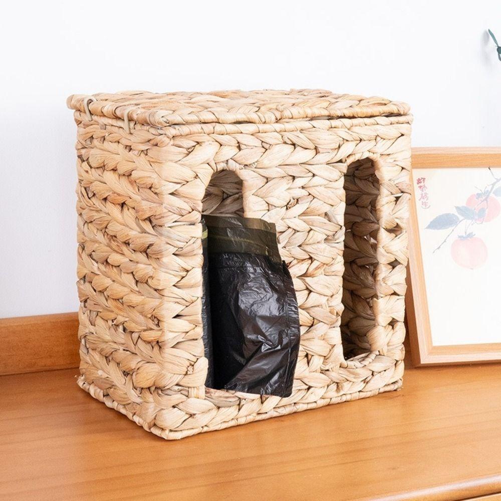 Rectangular Straw Weaving Storage Basket Wall Mounted with Lid Tissue Box Large Capacity Garbage Bag Storage Box Living Room