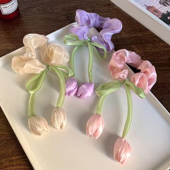 Hair Tie Breathable Chiffon Organza Fabric High Elasticity Tulip Flower Design Hair Rope with Ribbon Streamers Ponytail Bun Hair Accessories