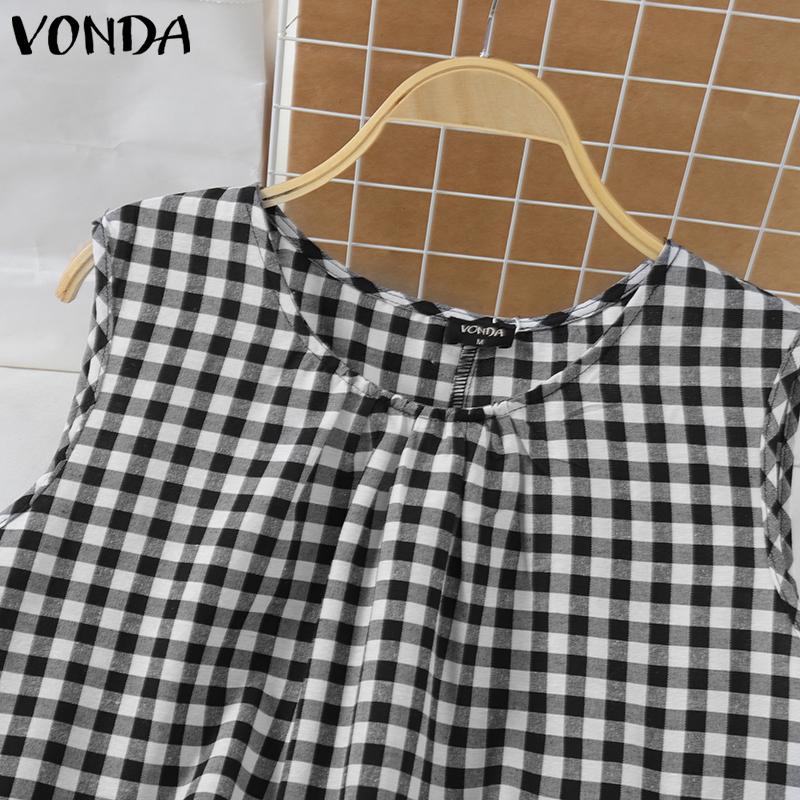 VONDA Summer Women Sleeveless Plaid Print Irregular Tank Tops T-shirts