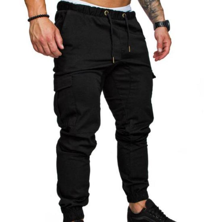 Skinny Cargo Pants Casual Men Solid Color Drawstring Waist Ankle Tied Pockets