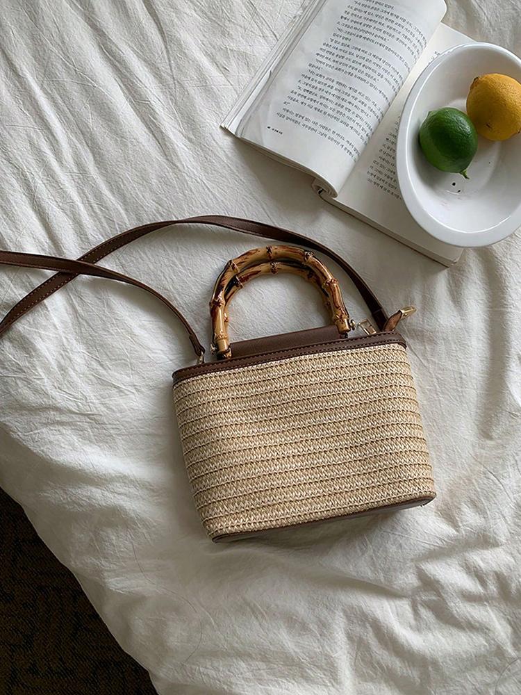 New Summer Woven Bucket Bag for Women Casual Beach Handbag Crossbody Shoulder Bag