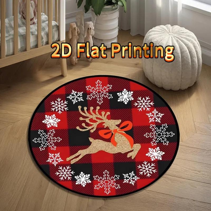 Soft Circle Rug 2D Flat Printing Buffalo Plaid Reindeer Carpet Flannel Warm Fluffy Cozy Christmas Tree Room Decor