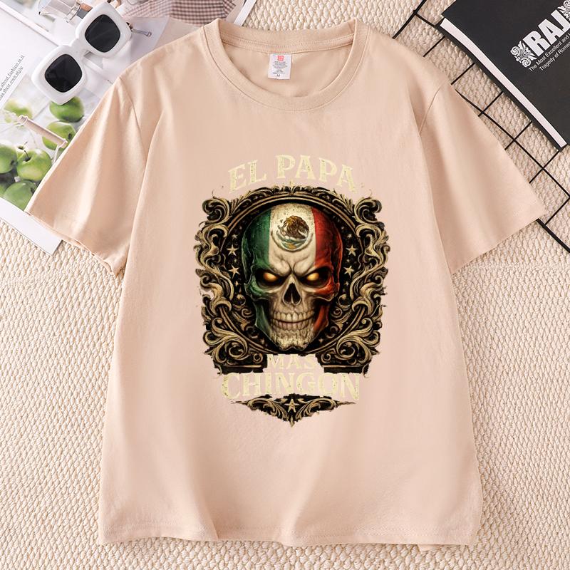 El Papa Mas Chingon Graphic T Shirts Mexican Skull Flag Design Cotton T Shirt Unisex Unisex Printed Round Neck Short Sleeve Soft