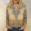 Women's Cotton Linen Printed Shirt with Three-Quarter Sleeves
