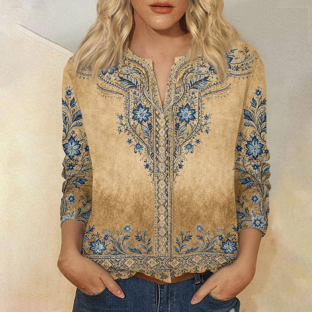 Women's Cotton Linen Printed Shirt with Three-Quarter Sleeves