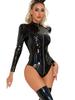 Sexy Women Cosplay Maid Long Zipper Hollow Out Bodysuit Pu Latex Faux Leather Open Crotch Tights Elastic Leotard Stage Wear