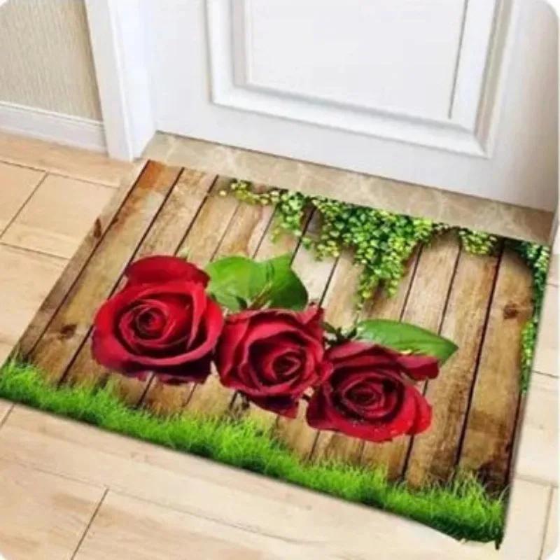 Golden Red Rose Print Home Decor Carpet Washable Floor Mat for Living Room Bedroom Kitchen Non Slip Sofa Coffee Table Area Rug