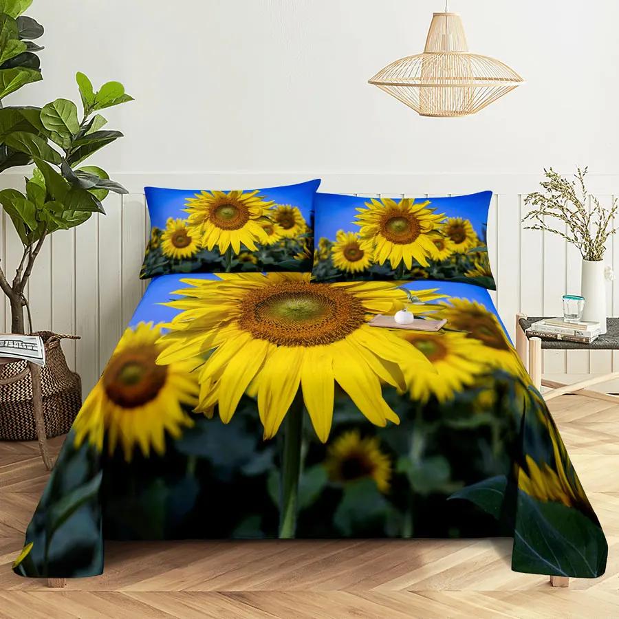 Sunflower Bed Sheets and Pillowcases for Single Double Beds Bedsheets Set with Pillow Case 2pcs 3pcs Queen Full Size 3D Soft