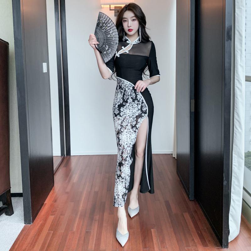 Wiosna/Lato 2024 Retro Chic Cheongsam: Kobieca Seksowna Sukienka High-End z Długim Rozcięciem