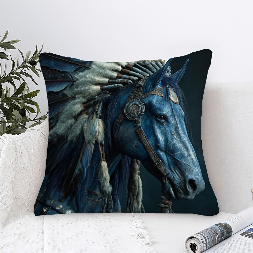 1Pc Of Short Plush Decorative Pillow Cover Featuring An Apache War Horse Design In Blue, With Single-Sided Printing. It Measures