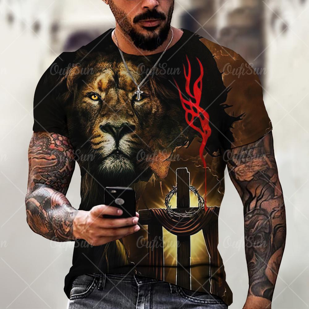 Christ Jesus T-Shirts for Men 3D Lion Printed T-Shirt Summer Clothes Short Sleeve Streetwear Vintage Tops Tee Shirt Men Clothing