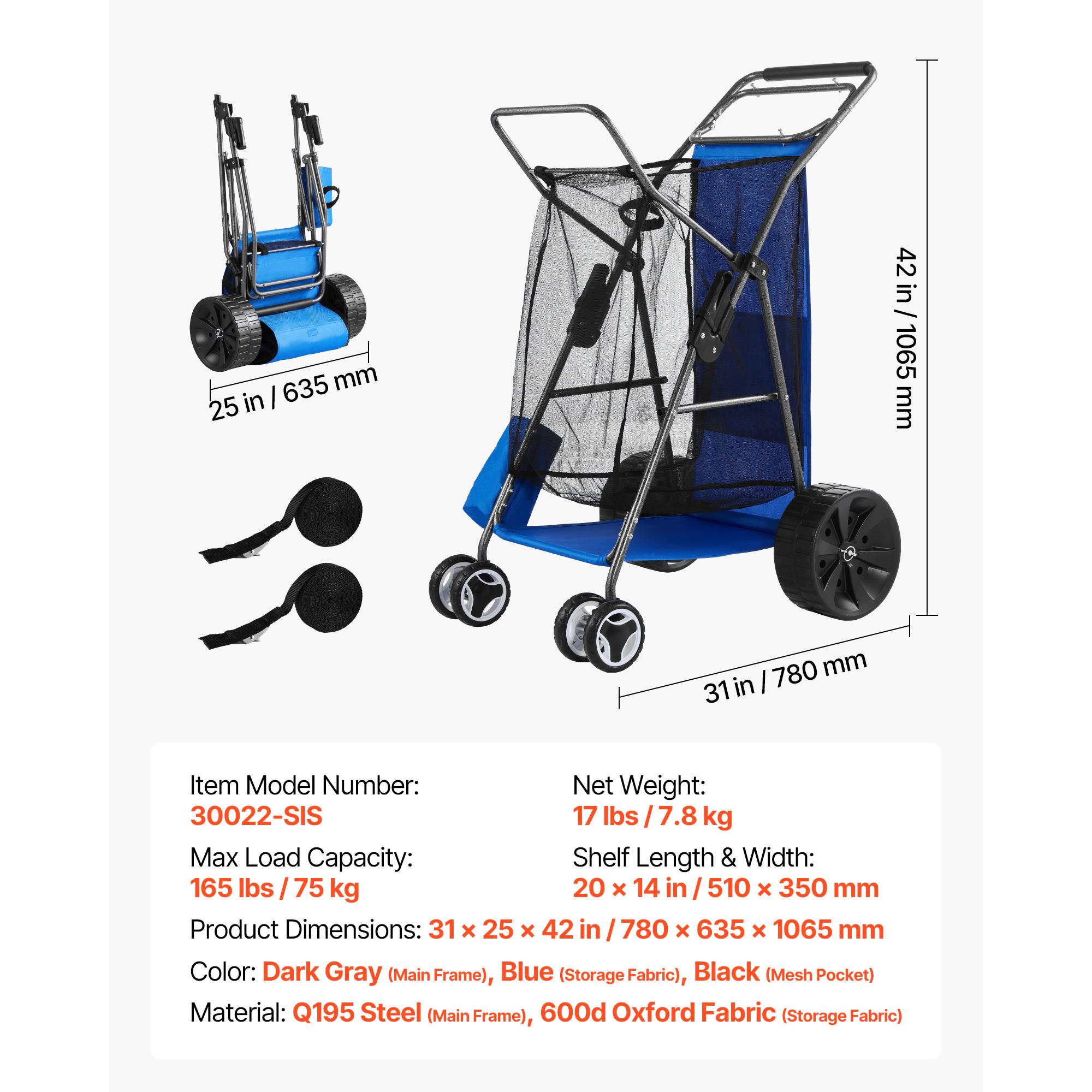 

SucceBuy Пляжная тележка 75 кг с цельнолитыми колесами 10/12 дюймов, сумка-холодильник, держатель для зонта, вмещает стулья для кемпинга и рыбалки