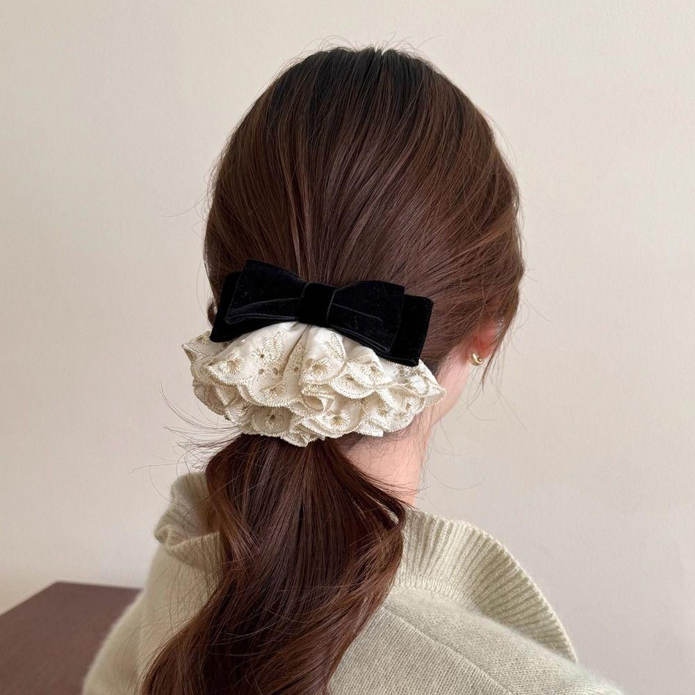 Wine Red Bowknot Spring Clip Cloth Lace Bow Hairpin Sweet Red Velvet Bow Hair Clip  Ponytail Holder