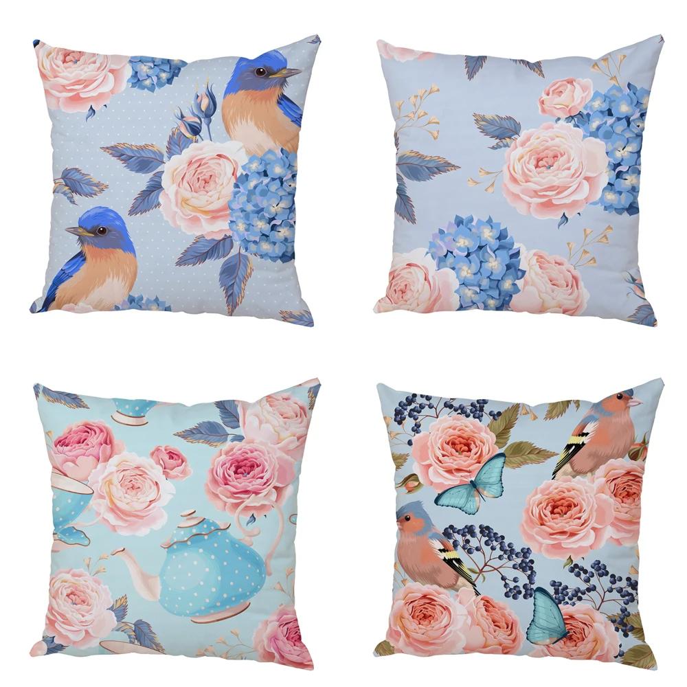 Nordic Style Rose Flower and Birds Pillow Case Cushion Cover for Car Peach Skin Decor Flower Plant Animal Throw Pillowcase