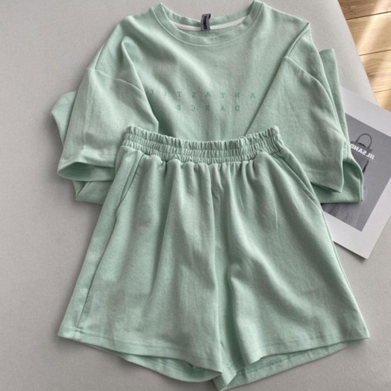 Women's Summer Casual Suit Korean Round Neck Letter Short Sleeve T-shirt Suit Thin Slim Loose Wide-leg Sports Shorts Two-piece Set Fitness Suit