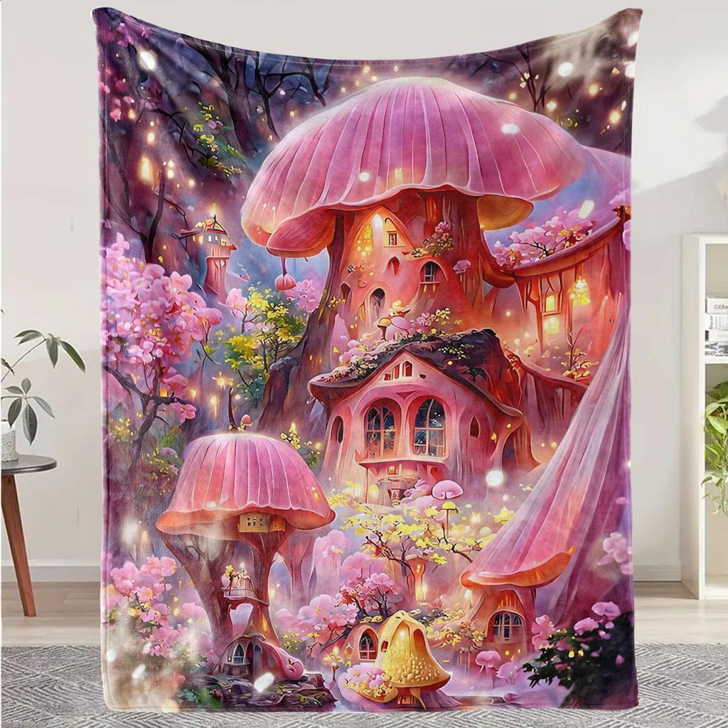 Pink Dreamy Mushroom House Cozy Fluffy Flannel Blanket for Home Living Sofa Chair Room Bedroom Decor for family Birthday Gift