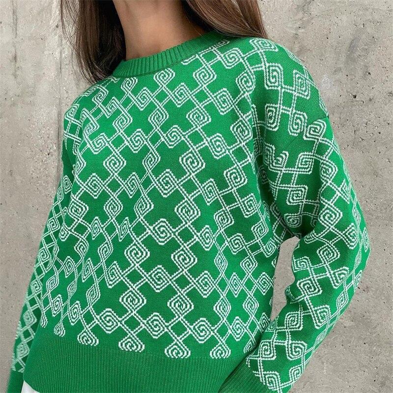 

2022 зимние корейские женские теплые джемперы с длинными рукавами, женский элегантный пуловер с принтом, полосатый вязаный ретро свитер для отдыха, женские свитера S зелёный