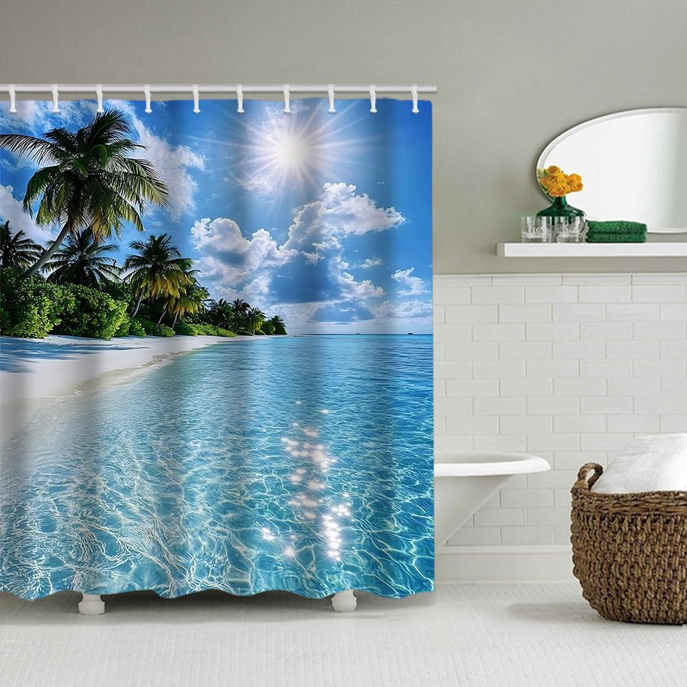 1/4 Seaside scenery shower Curtains, Toilet Seat Decoration, Shower Curtain with Carpet and Toilet Lid, 12 70.8x70.8 inch Hooks